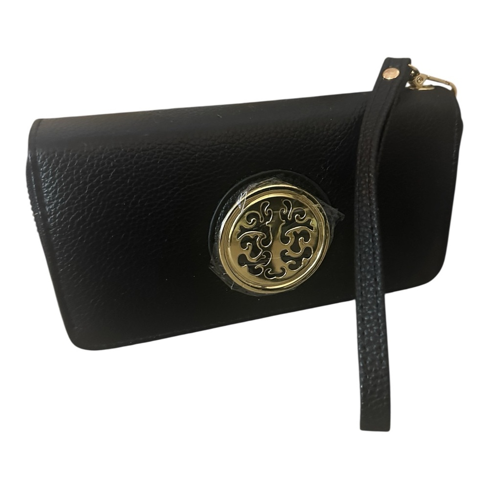 Elegant Black Leather Wristlet with Double Zippers & Gold Accent New - Picture 3 of 15